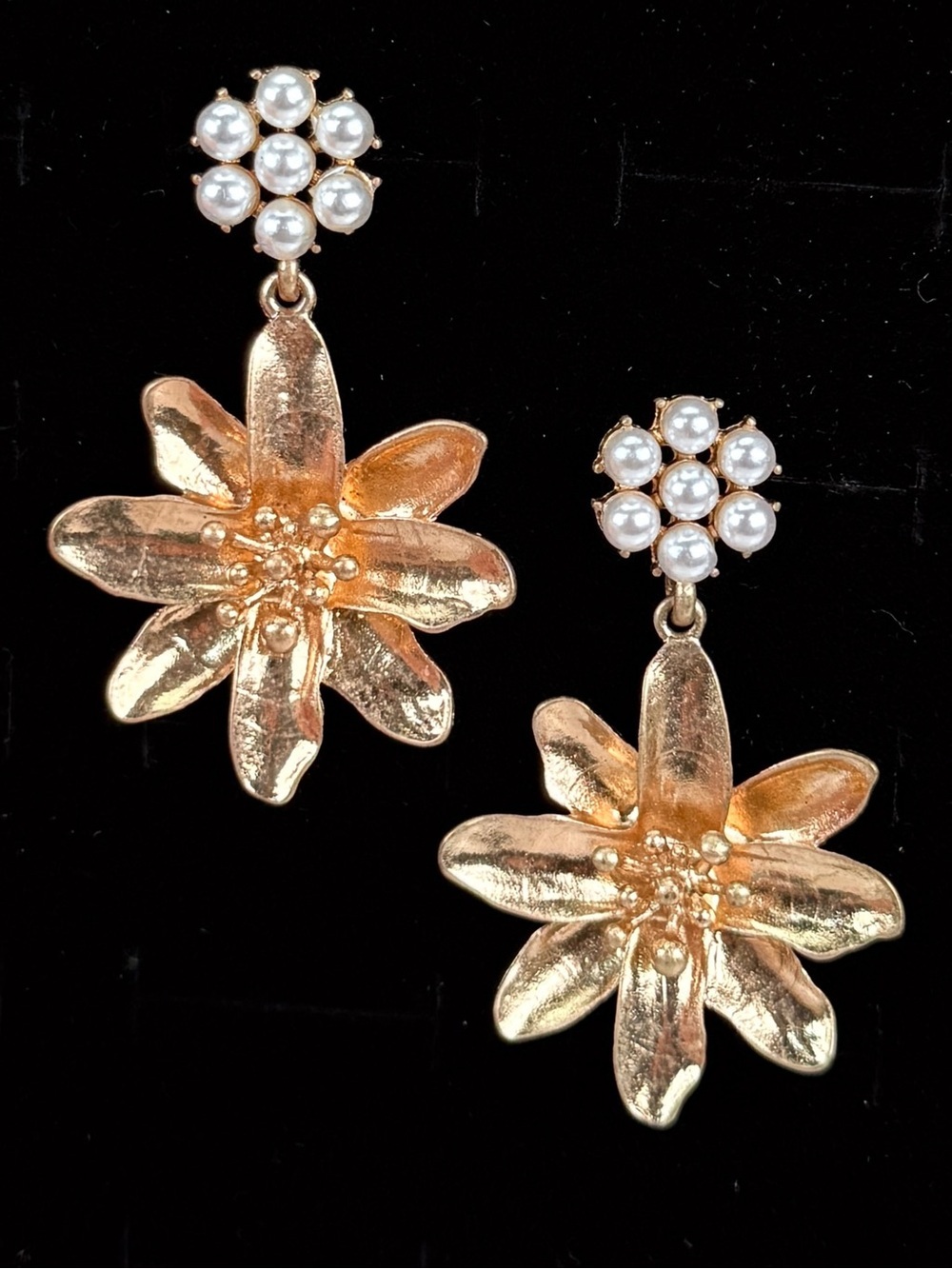 Goldtone Floral Flower Drop Pierced Earrings with Faux Pearl Clusters